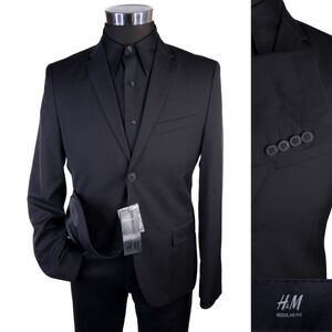 NWT H&M Mens Blazer Jacket Size 36R SLIM Fit Black Sport Coat Two Button Poly